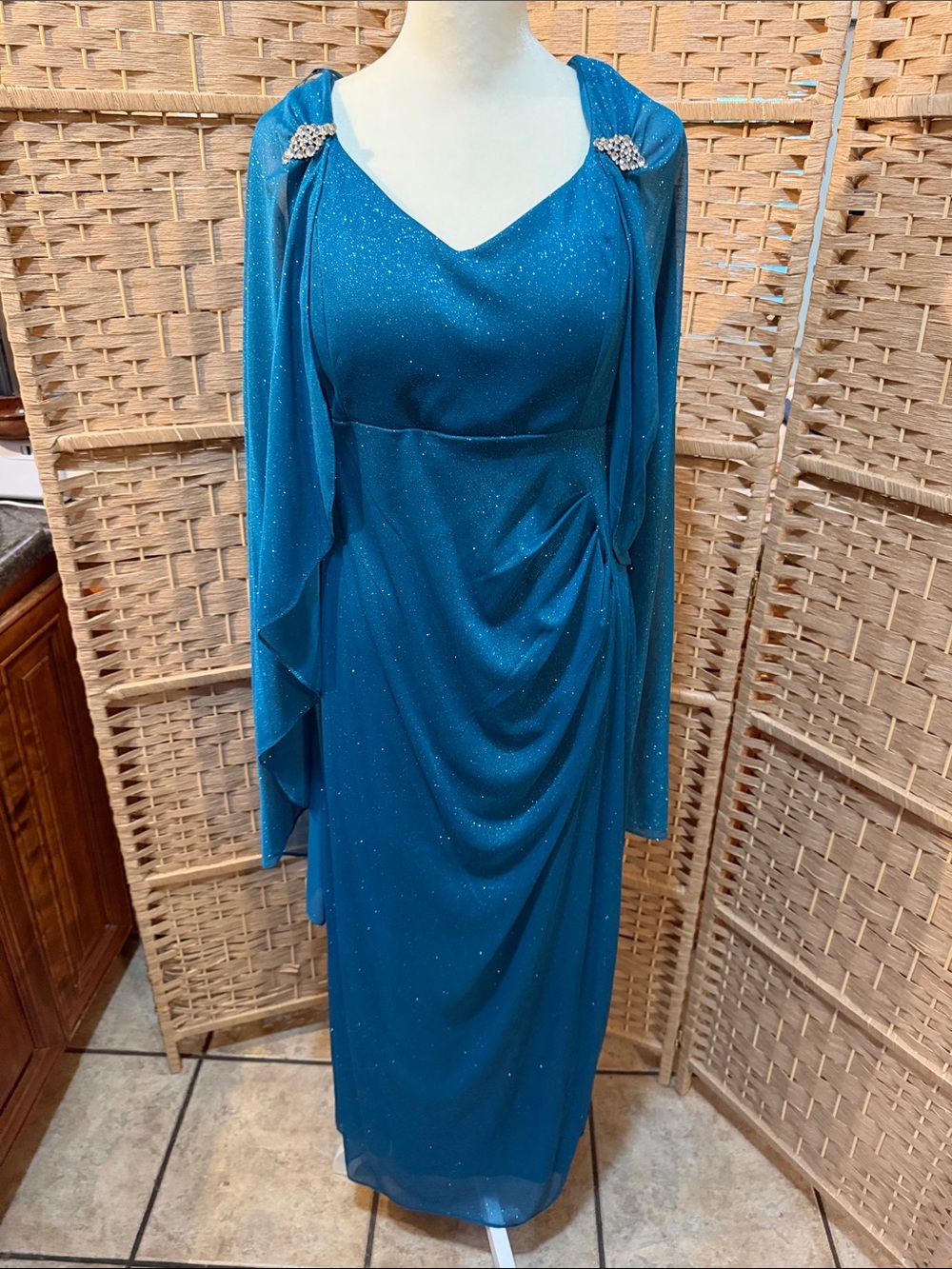R & M Richards Teal Sparkle Long Sleeve Draped Evening Dress